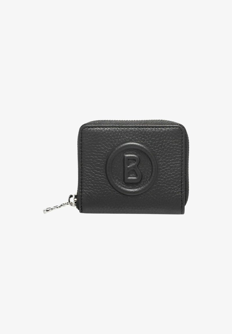 Zwart lederen portemonnee met een gestructureerde afwerking, rond gedebosseerd logo, ritssluiting en hardware in zilverkleur. Compact rechthoekig formaat.