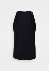 Débardeur noir sans manches avec un col rond. Fabriqué en coton doux, il présente une coupe décontractée et une texture lisse. Design simple, sans motifs.