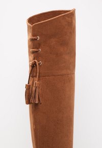 Botte haute jusqu'au genou en suède marron avec un design ajouré, un laçage décoratif et deux pompons sur le côté. Texture lisse et finition douce.