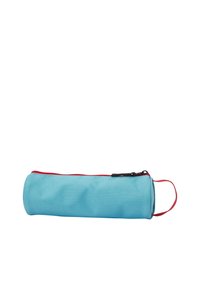 Blauwe cilindrische etui met een rode rits en accent. Gemaakt van gestructureerde stof, met een ophanglus voor eenvoudig vervoeren.