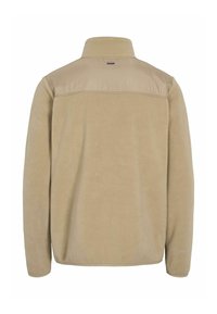 Beige fleece jacket with long sleeves and a high collar, featuring a smooth fabric panel across the upper back.