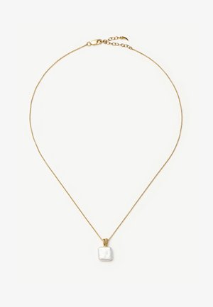 Κολιέ με αλυσίδα από χρυσό με ρυθμιζόμενο κούμπωμα, που διαθέτει τετράγωνο λευκό μαργαριτάρι και διακοσμητικά μικρά χρυσά σφαιρίδια.