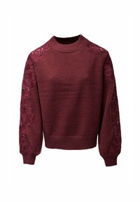 Suéter de punto burdeos con cuello, puños y dobladillo acanalados, que presenta una aplicación de encaje floral en los hombros y las mangas.