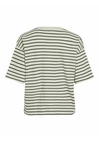 Stribet t-shirt med korte ærmer i creme med sorte horisontale striber. Har en afslappet pasform og en rund halsudskæring. Blødt bomuldsmateriale.