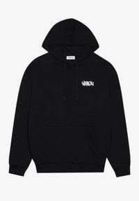 Sudadera negra de algodón con capucha, que presenta un bolsillo canguro delantero, puños y dobladillo acanalados, y un logotipo en texto blanco en el pecho.