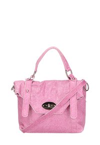 Borsa a mano in tessuto rosa con superficie testurizzata, dotata di chiusura a pattina, hardware in argento e tracolla staccabile.