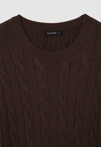 Pull en maille torsadée brun foncé avec un col rond côtelé et une étiquette noire avec l'inscription "CALLIOPE S" au niveau du col.