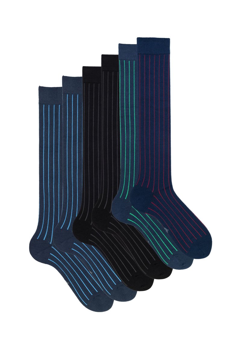 Gestreept sokken set met vijf paar: donker navy, zwart en blauw met dunne contrasterende strepen in groen en rood. Katoenmengsel, kniehoge stijl.