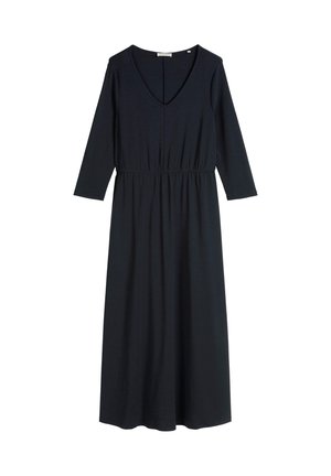 Robe longue à manches longues bleu marine avec un décolleté en V, taille froncée et tissu fluide. Le design présente une coupe décontractée et une texture lisse.