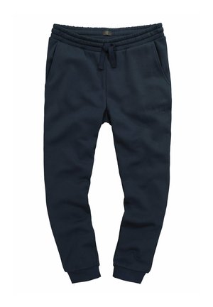 Navy sweatpants van zacht materiaal, met een elastische tailleband met trekkoord, zijzakken en taps toelopende boorden. Subtiele logo-detail.