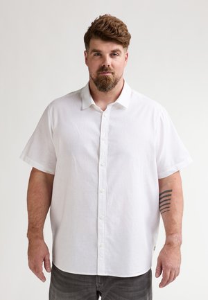 Weißes, kurzärmliges Hemd mit Knopfleiste aus leichtem Stoff, ausgestattet mit Kragen und einer dezent strukturierten Oberfläche.