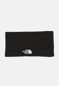 Crna traka za glavu napravljena od rastezljivog materijala, sa bijelim logom 'The North Face' s jedne strane. Glatka tekstura, pravokutni oblik.