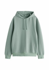 Sudadera verde claro con un patrón texturizado, capucha con cordones y puños y dobladillo acanalados. Fabricación suave, corte relajado y diseño minimalista.