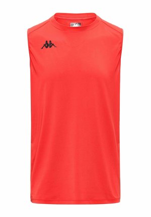 Camiseta deportiva roja sin mangas con cuello redondo y pequeño logo negro en la parte superior izquierda del pecho.