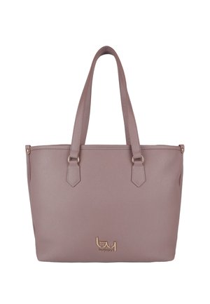 Borsa tote malva con doppi manici a spalla e logo dorato "byblos" al centro vicino al fondo su sfondo bianco semplice.