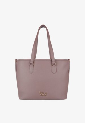 Borsa tote malva con doppi manici a spalla e logo dorato "byblos" al centro vicino al fondo su sfondo bianco semplice.