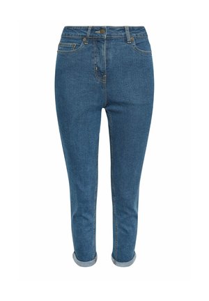 Vaqueros ajustados de tiro alto en azul con puños remangados, cierre frontal con botón y cremallera, y diseño de cinco bolsillos.