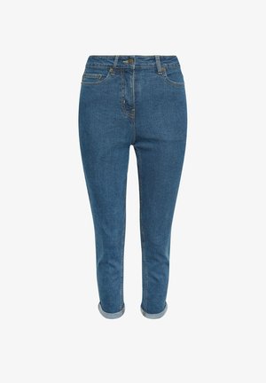 Vaqueros ajustados de tiro alto en azul con puños remangados, cierre frontal con botón y cremallera, y diseño de cinco bolsillos.