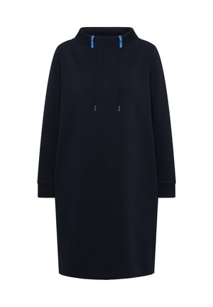 Mørkeblå hættetrøjekjole med høj hals, lange ærmer og snoredetaljer. Fremstillet af blødt materiale med en afslappet pasform og minimalistisk design.