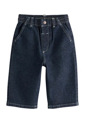 Mørkeblå denimshorts med elastisk talje, forreste knaplukning, to forlommer og hvide kontrastsømme.