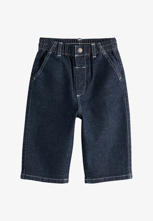 Mørkeblå denimshorts med elastisk talje, forreste knaplukning, to forlommer og hvide kontrastsømme.