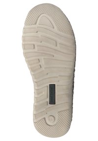 Weiße Gummisohle von Schuhen mit strukturierten Mustern, die Rillen und eine rechteckige Logo-Platte für Halt und Unterstützung aufweist. Größe 41 angegeben.