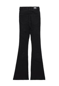 Black high-waisted flared jeans with a classic five-pocket design. Fabric is denim with slight stretch; the waistband features a brand tag.