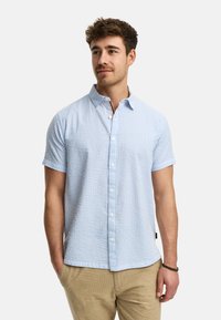 Korte mouwen shirt in lichtblauw met een wit ruitpatroon, met een knoopsluiting, zachte stof en een smalle kraag.