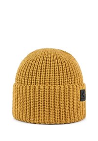 Berretto a maglia giallo senape con texture a coste e risvolto. Presenta un piccolo patch logo nero sul lato.