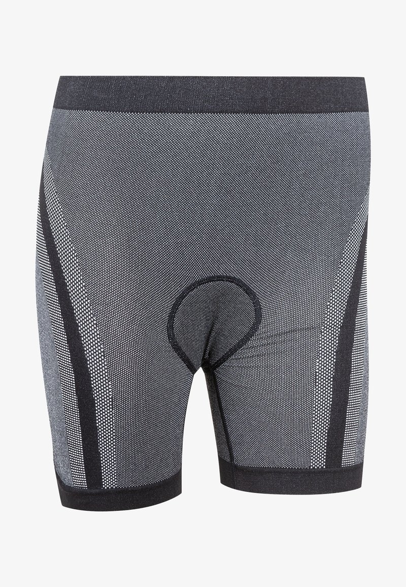 Zwarte en grijze herenboxershort met een klein stippenpatroon, elastische tailleband en een voorkussenontwerp. Zacht, ademend materiaal.