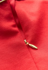 Rødt stof med en glat tekstur, der har en gylden lynlåstrækker og en matchende lynlåsbånd ved siden af en rundet halsudskæring.