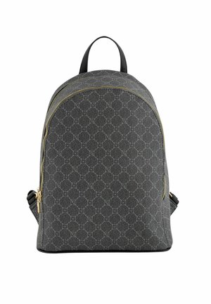 Grauer gemusterter Rucksack mit runder Form, strukturiertem Stoff, goldenen Reißverschlüssen und verstellbaren Riemen. Ideal für den täglichen Gebrauch.