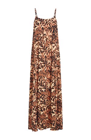 Robe longue sans manches avec fines bretelles, présentant un imprimé intégral de feuilles tropicales en orange et beige sur fond noir.