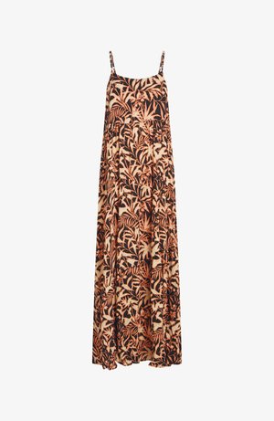 Sleeveless maxi dress with thin straps, featuring an all-over tropical leaf print in orange and beige on black background.