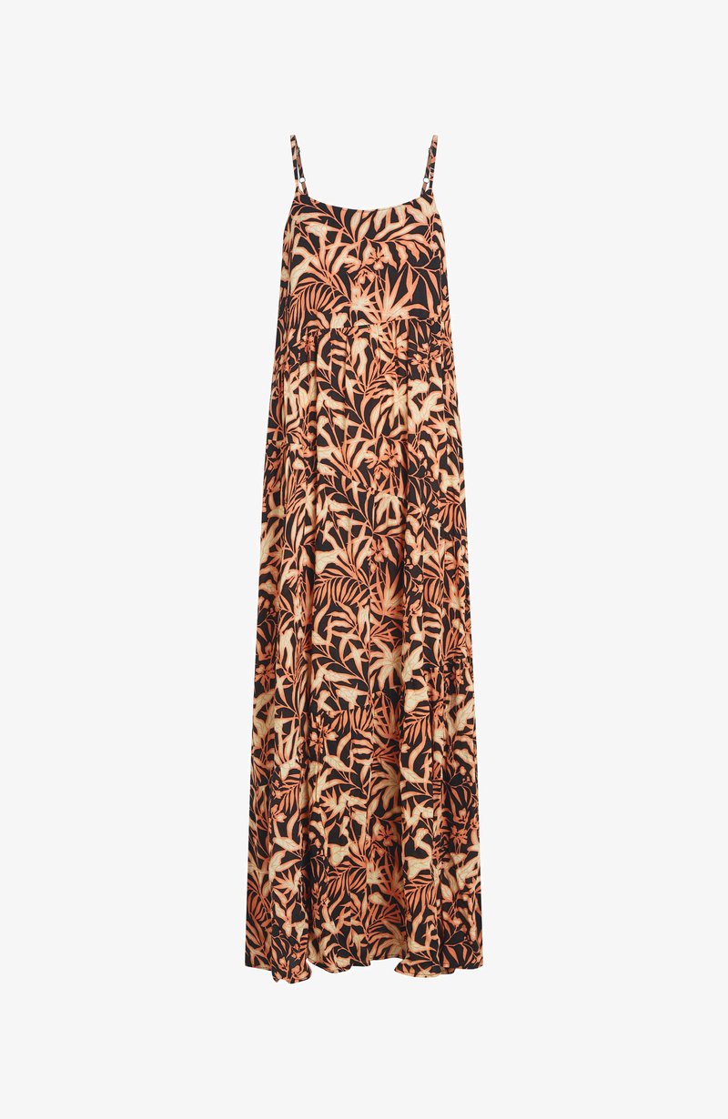 Robe longue sans manches avec fines bretelles, présentant un imprimé intégral de feuilles tropicales en orange et beige sur fond noir.