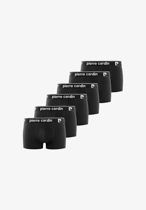 Boxers en coton noirs avec taille blanche portant le logo "pierre cardin", présentés en rangée, montrant un design et une forme uniformes.