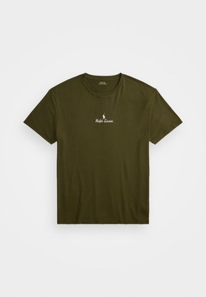 Olivenfarbene Baumwoll-T-Shirt mit Rundhalsausschnitt, kurzen Ärmeln und weißem, gesticktem "Ralph Lauren"-Logo auf der Brust. Glatte Textur.