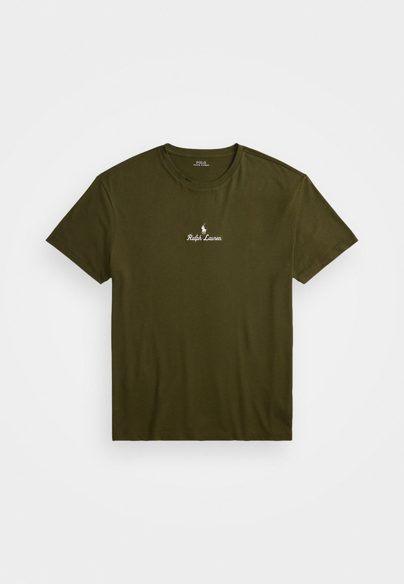 Olivovozelené bavlnené tričko s okrúhlym výstrihom, krátkymi rukávmi a bielym vyšitým logom "Ralph Lauren" na hrudi. Hladká textúra.