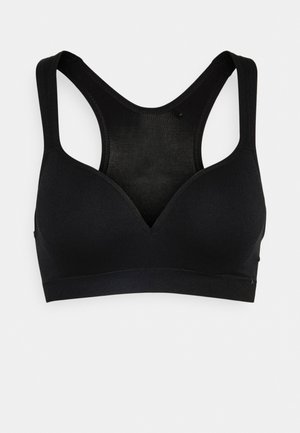 Sutiã desportivo preto com um frente em forma de V, alças largas e um design de costas em estilo racerback. Feito de um tecido liso e elástico, com um acabamento sem costuras.