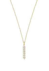 Goldene Kettenhalskette mit einem blattförmigen Anhänger, der mit mehreren klaren Kristallen verziert ist und ein elegantes Design sowie eine polierte Oberfläche aufweist.