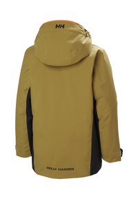 Žlutá nepromokavá bunda s kapucí, černými bočními panely a oranžovými akcenty. Obsahuje suché zipy na rukávech a logo na zadní straně.