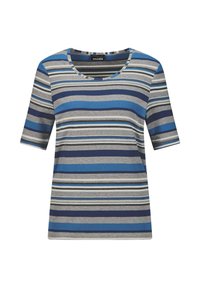 Blauwe en grijze gestreepte T-shirt met korte mouwen, ronde hals en zachte katoenmix. Horizontale strepen in verschillende breedtes.