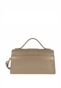 Borsa in pelle strutturata beige con manico superiore, caratterizzata da cuciture orizzontali e una tracolla removibile. Texture liscia e design minimalista.