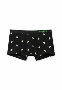 Černé boxerské trenýrky s potiskem Mojito, který zobrazuje malé vzory koktejlových skleniček. Měkká tkanina, elastický pas.