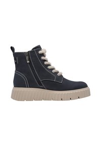 Bottine noire à lacets avec semelle beige épaisse, fermeture éclair latérale et détails de couture blancs sur fond blanc.