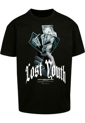 Black cotton t-shirt featuring a graphic of a hand holding cash. Text reads "Lost Youth" with tagline below in white stylized font.