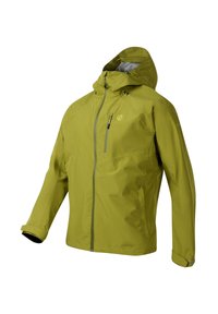 Green waterproof hooded jacket with front zipper, chest pocket zipper, and adjustable wrist straps, shown on a white background.
