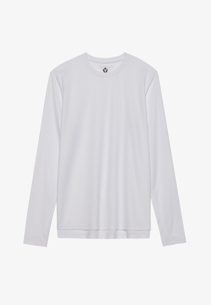 Langermet hvit t-skjorte laget av lett stoff, med rund hals, rett kant og subtilt teksturmønster. Myk finish.