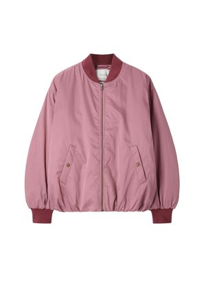 Light pink bomber jacket with maroon ribbed collar and cuffs, front zipper, and two slanted buttoned pockets.