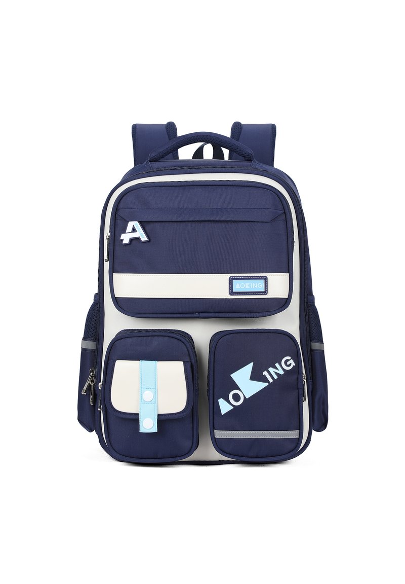 Zaino blu navy con una striscia beige a contrasto, numerosi zip, due tasche frontali e un accento riflettente. Realizzato in tessuto resistente.
